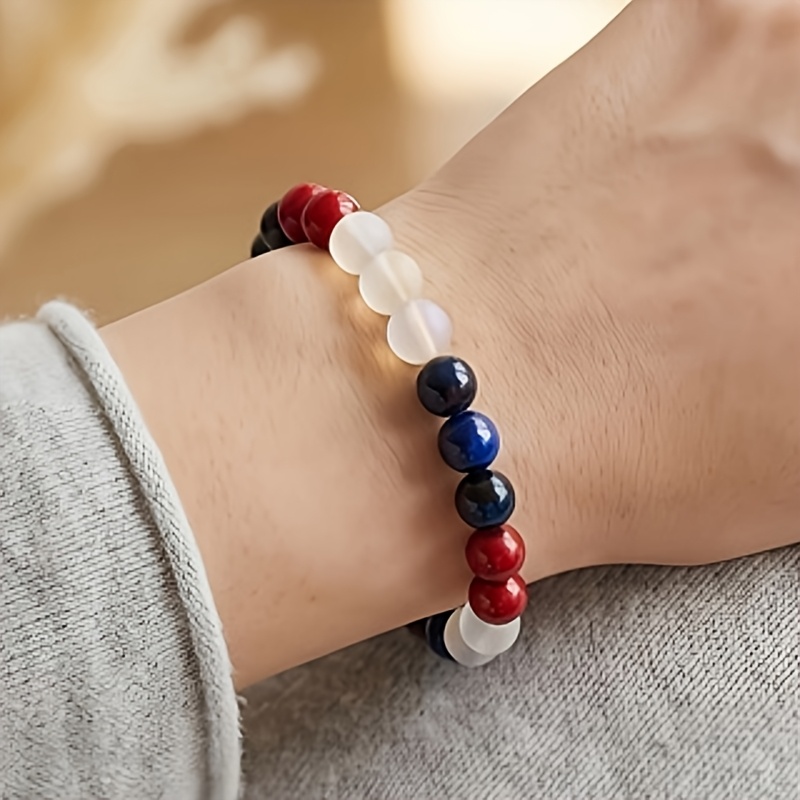 2pc Red Blue White Elastic Cord Bead Bracelets, Bohemian Style